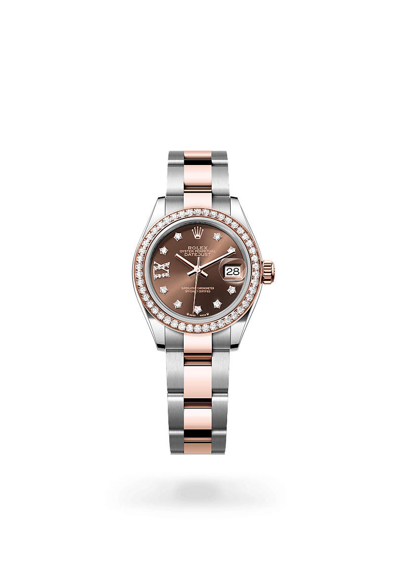 Rolex Lady-Datejust in Oystersteel, Everose Gold and Diamonds, m279381rbr-0004 Upright with Shadow - Fink's Jewelers