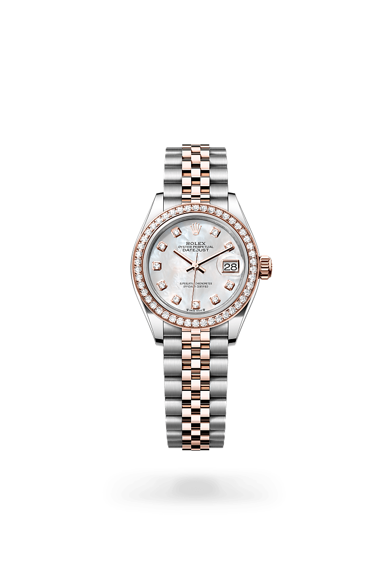 Rolex Lady-Datejust Oystersteel, Everose Gold and Diamonds, m279381rbr-0013 Upright with Shadow - Fink's Jewelers