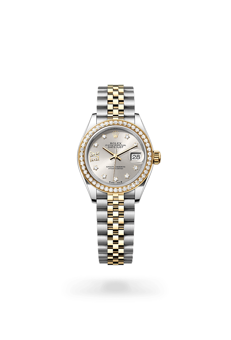 Rolex Lady-Datejust in Oystersteel, Yellow Gold and Diamonds, m279383rbr-0003 Upright with Shadow - Fink's Jewelers