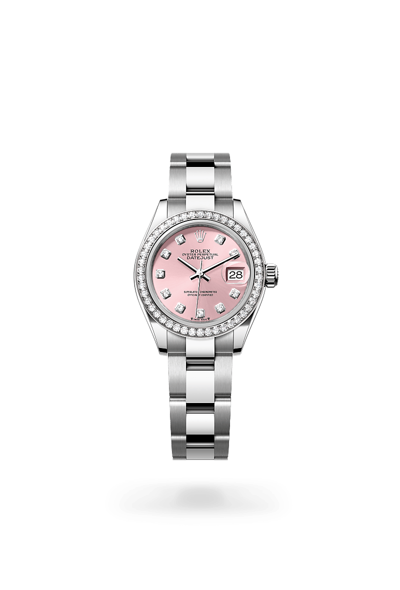 Rolex Lady-Datejust in Oystersteel, White Gold and Diamonds, m279384rbr-0004 Upright with Shadow - Fink's Jewelers