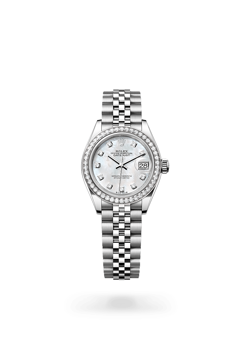 Rolex Lady-Datejust in Oystersteel, White Gold and Diamonds, m279384rbr-0011 Upright with Shadow - Fink's Jewelers