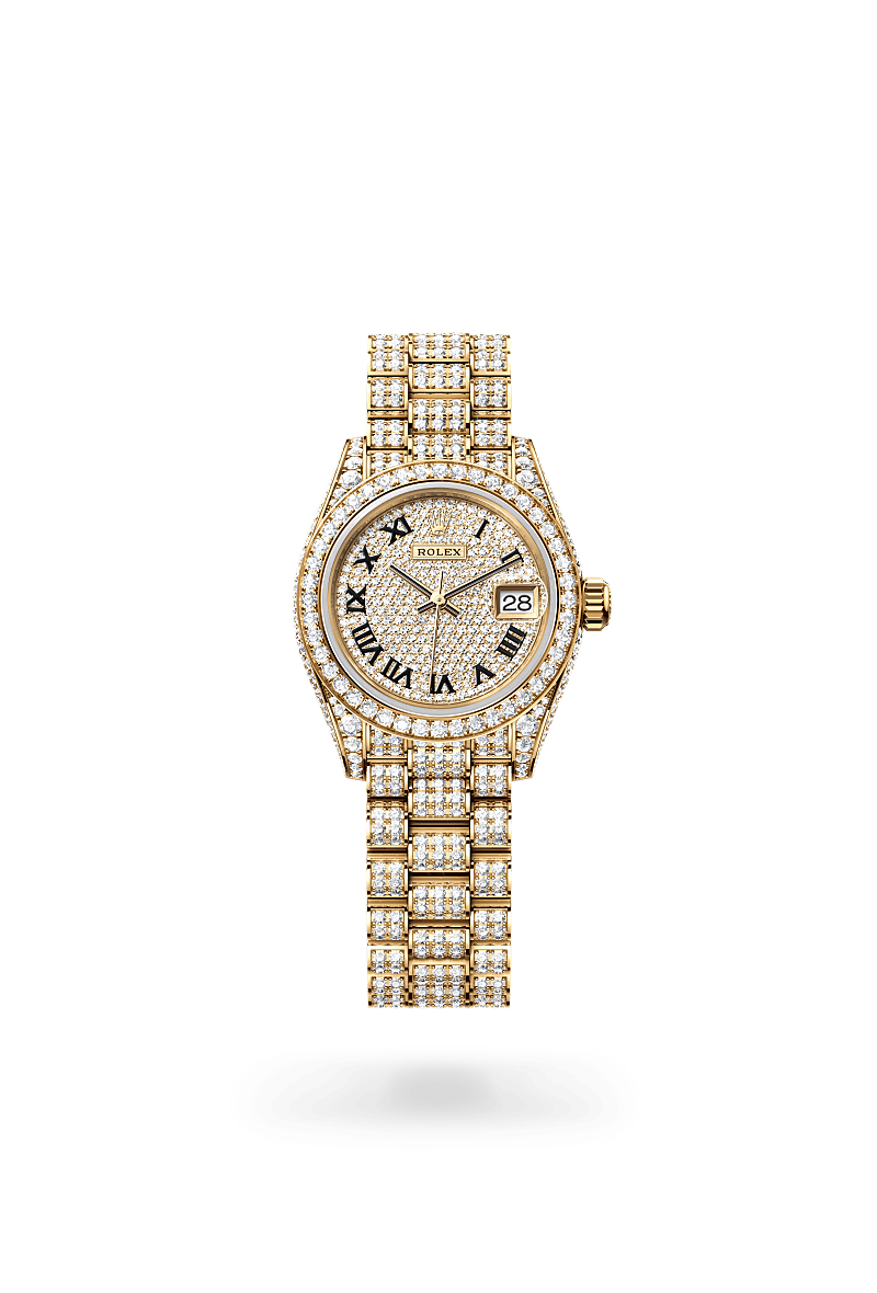 Rolex Lady-Datejust in Yellow Gold and Diamonds, m279458rbr-0001 Upright with Shadow - Fink's Jewelers