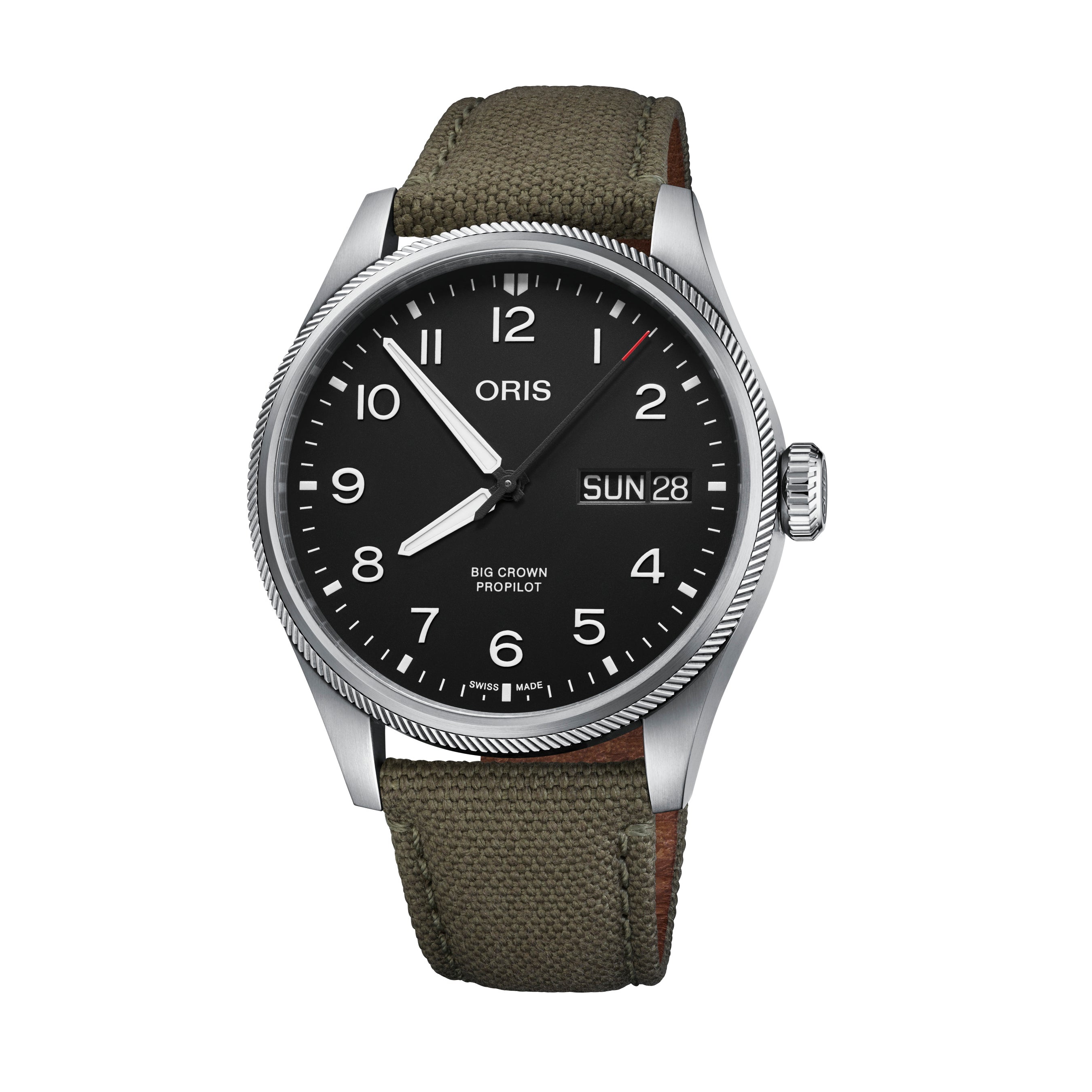 Oris Big Crown Black Dial Watch with Olive Strap Fink s