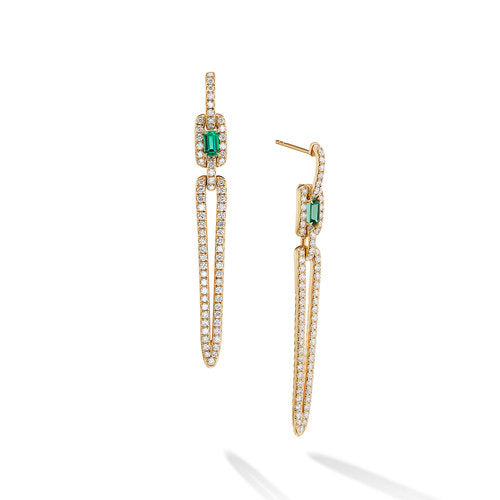 Stax Elongated Drop Earrings in 18K Yellow Gold with Pavé Diamonds and Emerald