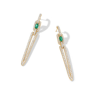 Stax Elongated Drop Earrings in 18K Yellow Gold with Pavé Diamonds and Emerald