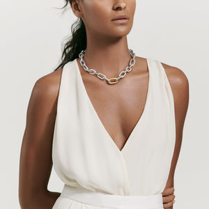 Model Wearing David Yurman DY Madison Silver Large Necklace with 18K Yellow Gold