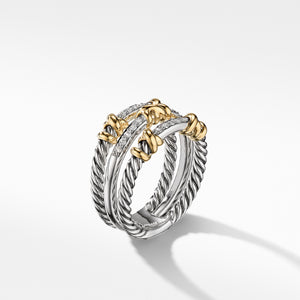 Petite Helena Three Row Ring in Sterling Silver and 18K Yellow Gold with Diamonds, Size 7