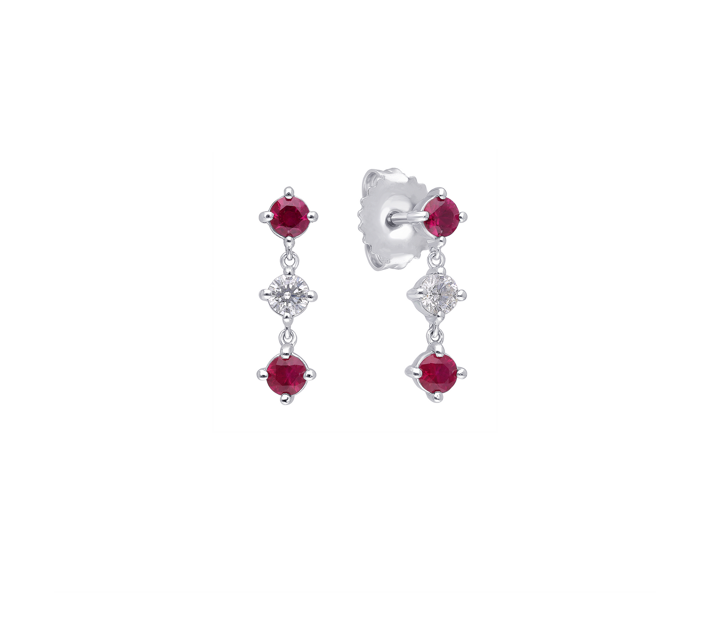 Round Ruby and Diamond Drop Earrings in 18k White Gold