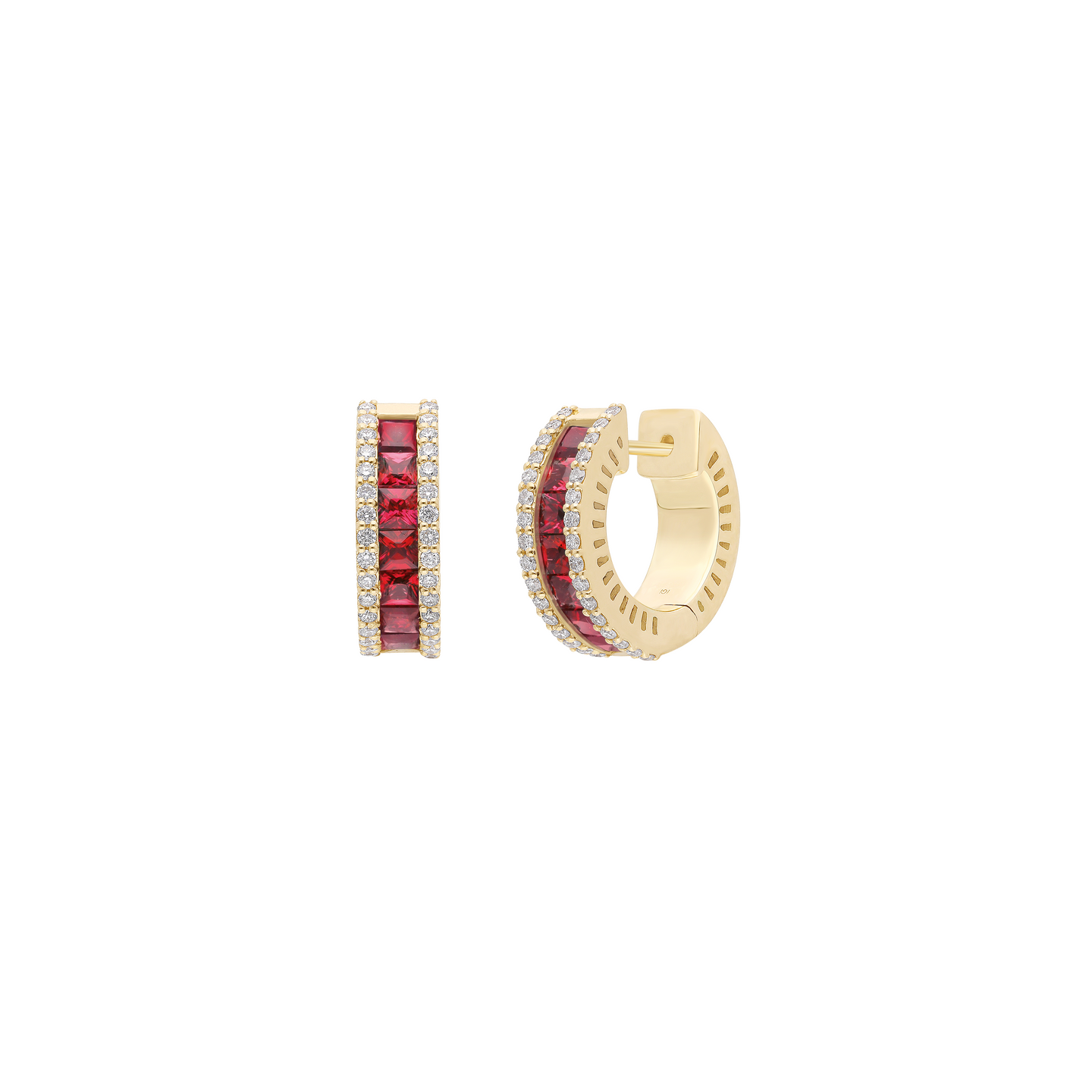 Square Ruby and Diamond Huggie Earrings in 14k Yellow Gold