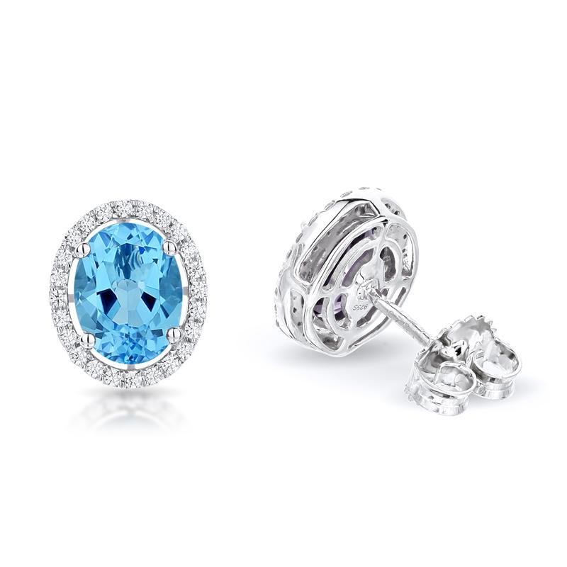 Sabel Collection 14K White Gold Oval Swiss Blue Topaz and Diamond Earrings 